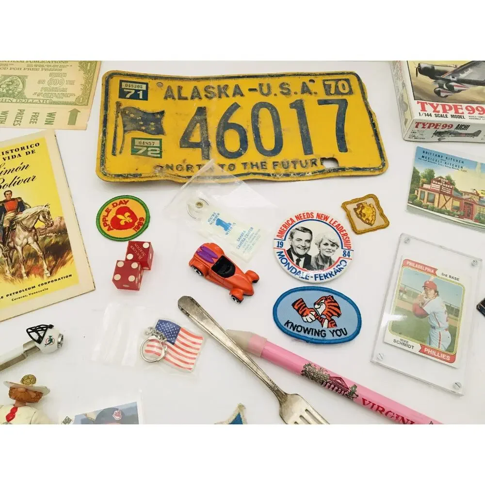 Junk Drawer Lot Vtg Key Chains Patches Baseball Cards Map Type 99 Model Military